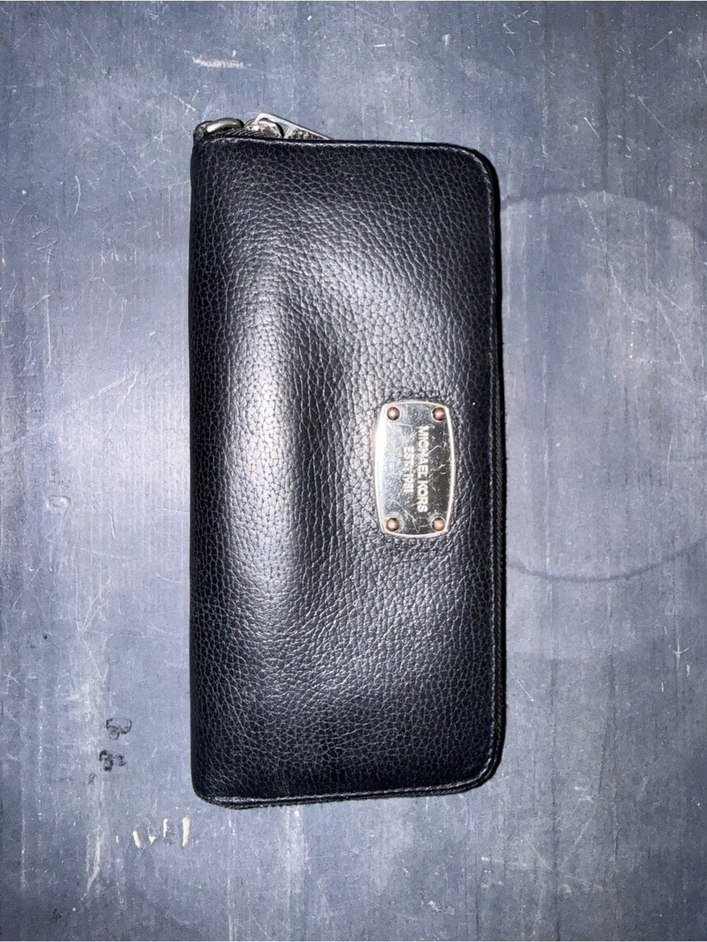 Michael Kors Black Pebble Leather Zip Wallet with Logo Plaque